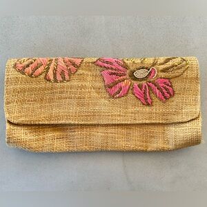 Tommy Bahama woven raffia clutch with flower embroidery and beading
